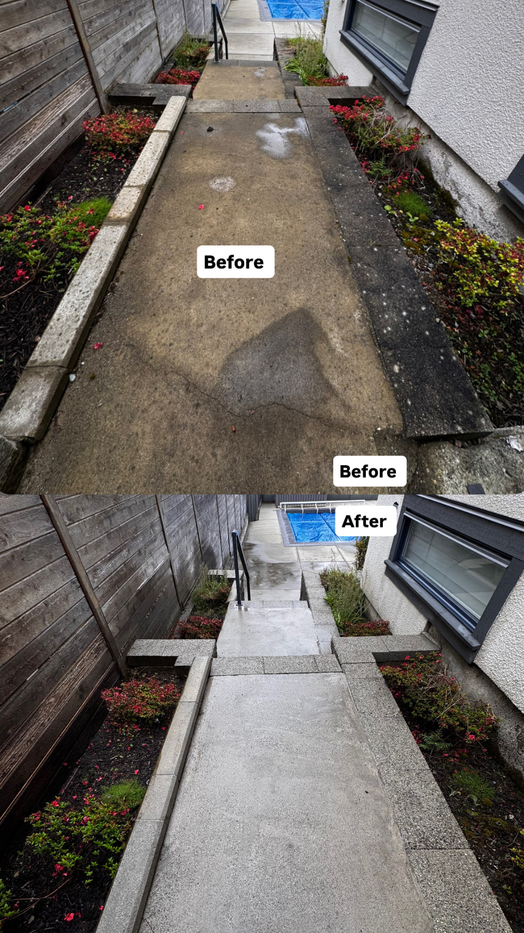 Before and after walkway & patio pressure washing by ARS Pro Clean in North Vancouver