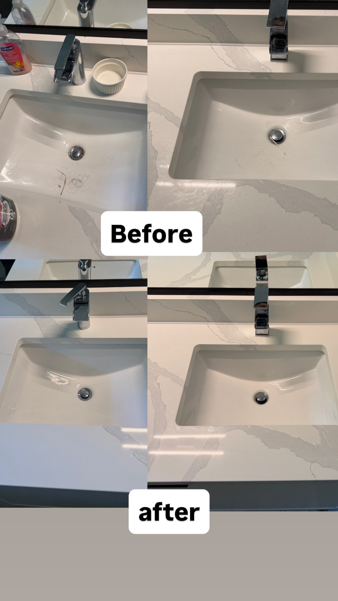 Before and after bathroom vanity detail by ARS Pro Clean in North Vancouver