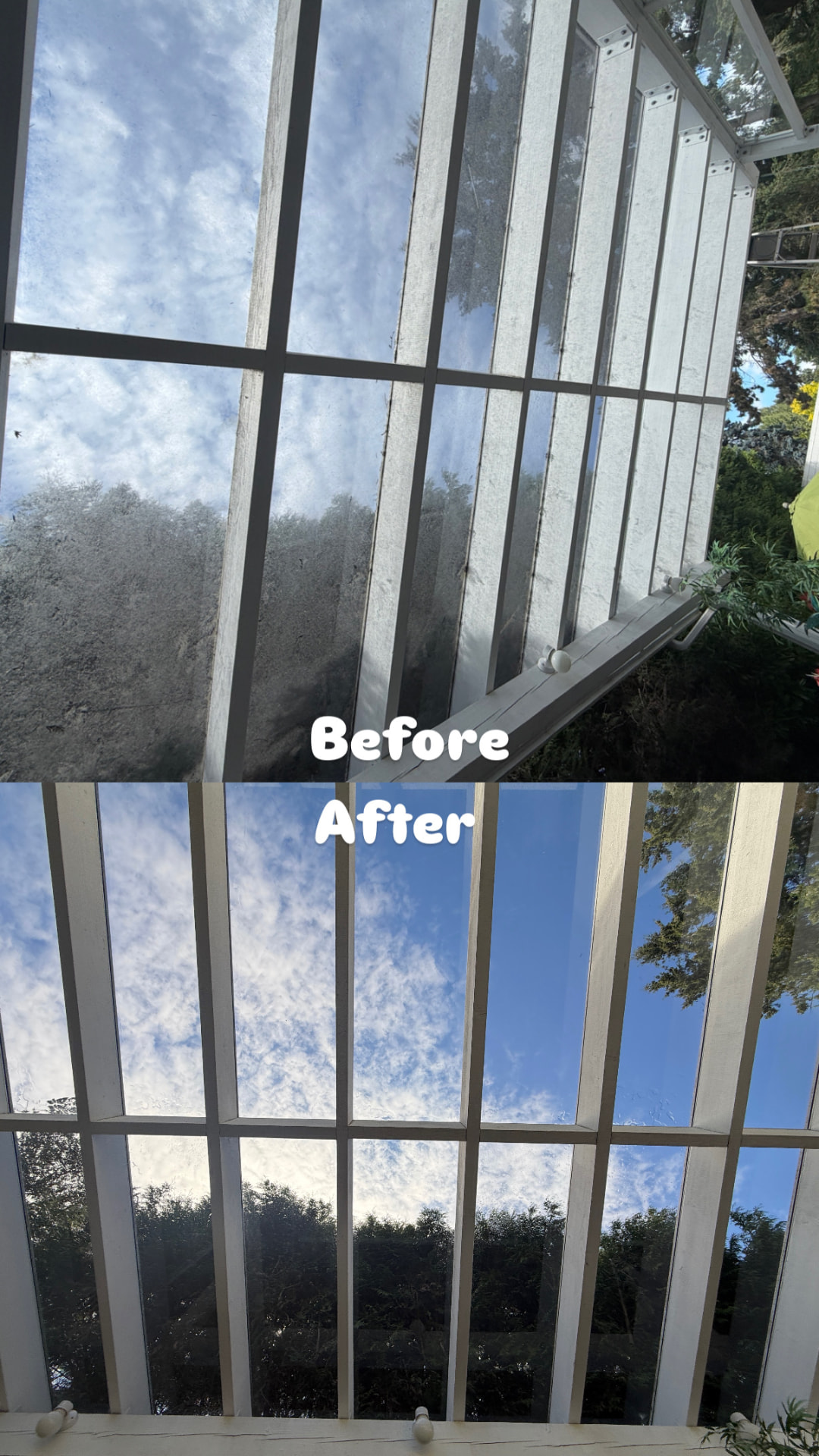 Before and after skylight & sunroom windows by ARS Pro Clean in West Vancouver